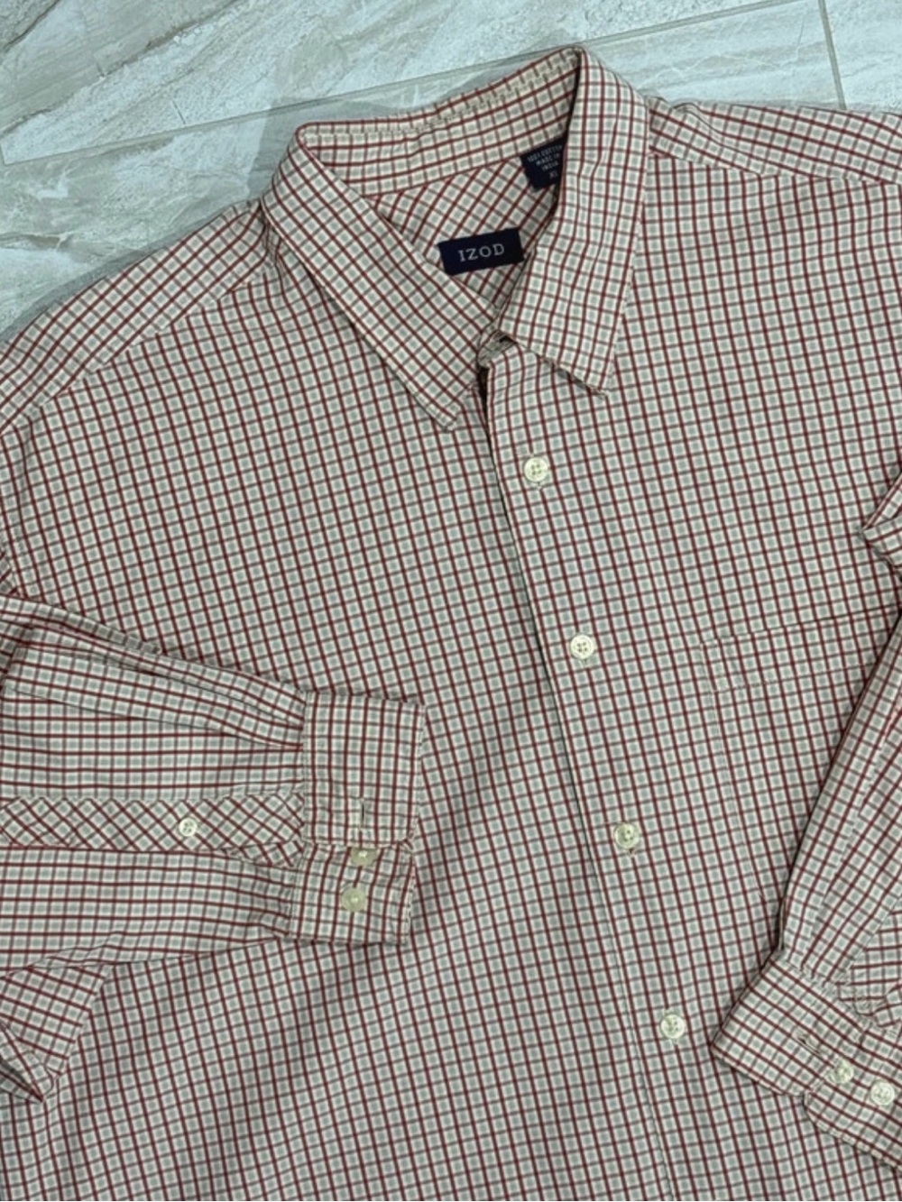 Izod Men's Red and Cream Checked Button-Down Dress Shirt